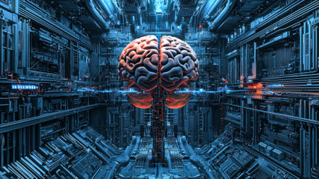 Futuristic cybernetic brain in sci-fi environment. concept of artificial intelligence, technological innovation, advanced robotics.の写真素材