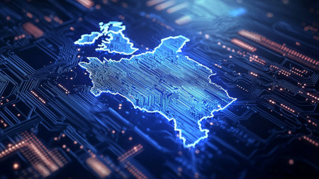 Futuristic digital map with glowing circuit board design representing artificial intelligence and...
