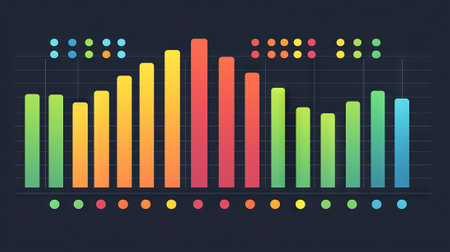 Colorful bar chart infographic with data visualization on dark background. Concept of statistics,...