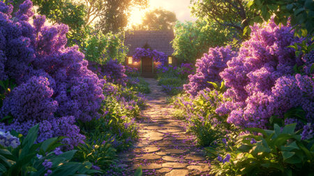 Enchanting lilac pathway leading to cozy cottage house at sunset. concept of tranquility, nature retreat, country living, romantic escape.の写真素材