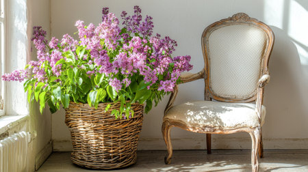 Rustic woven basket overflowing with vibrant lilac flowers next to elegant vintage chair. concept of spring decor, floral arrangement, natural beauty.の写真素材