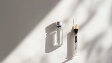 Medicine ampoule and syringe on white background in bright light. concept of healthcare,...