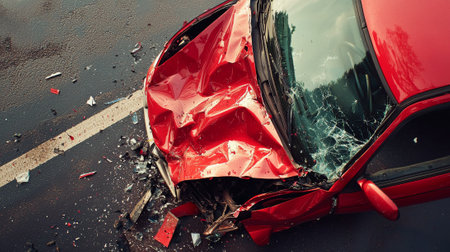 Minimalist aerial view of intense car accident on wet road. concept of urban chaos, traffic danger,...
