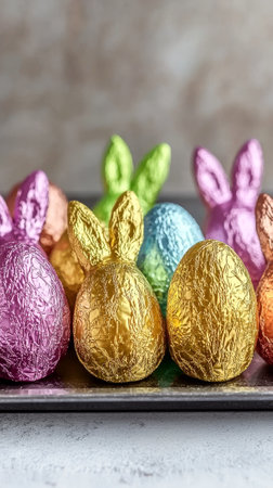 Colorful foil-wrapped chocolate easter eggs with bunny ears on silver tray. concept of festive treats, easter celebration, holiday sweets. Vertical.の写真素材