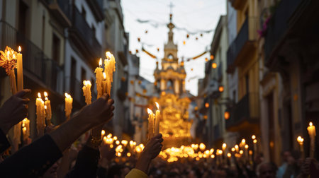 Diverse crowd holding candles in a traditional procession across city street at dusk. concept of community, cultural heritage, spirituality.の写真素材