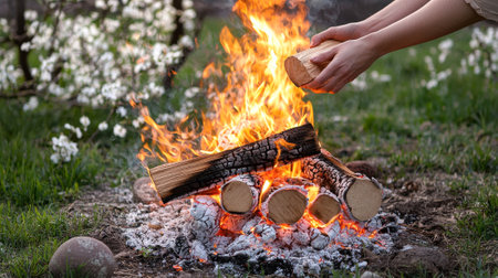 Caucasian woman placing logs on campfire outdoors on a serene spring evening. concept of nature,...