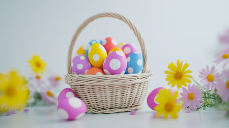 Colorful easter eggs in wicker basket surrounded by flowers. concept of spring festivities, easter celebration, vibrant decorations.の写真素材