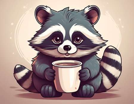 Adorable cartoon raccoon holding coffee cup in cute animal illustration. concept of whimsical art, cozy mornings, playful animals.の写真素材