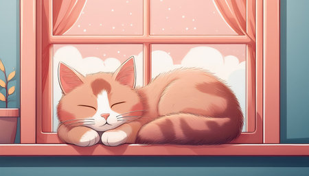 Cozy ginger cat napping on window ledge at sunset. concept of feline relaxation, home comfort, peaceful evening vibes.の写真素材