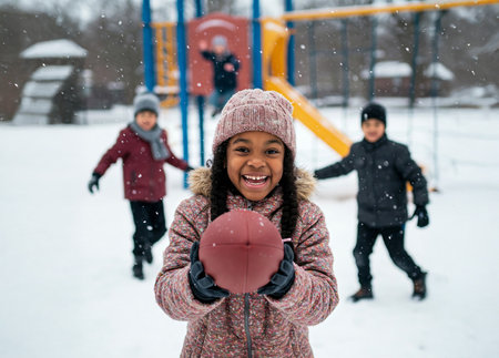 Happy African American girl holding American football in snowy playground with friends in winter clothes. Concept of childhood joy, outdoor fun, team sports, winter friendship activity.の写真素材