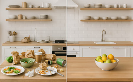 Before and after of kitchen cleaning - messy countertop with leftover food and paper bags transforming into tidy surface with fruit bowl. Concept of cleanliness, home organization, decluttering.の写真素材
