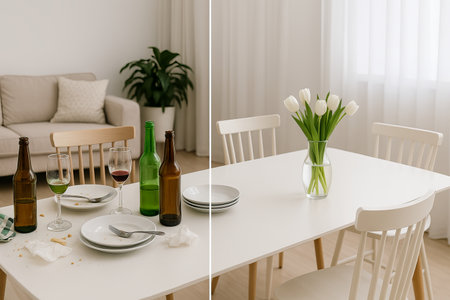 Before and after cleaning living room with leftover food and empty bottles on table transformed into bright tidy interior with flowers. Concept of room hygiene, home refresh, organization, cleanliness.の写真素材