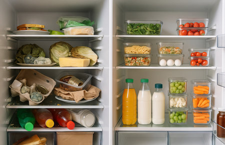 Before and after refrigerator organization with cluttered food items and messy containers transformed into clean and structured shelves. kitchen cleanup, meal prep, home hygiene, healthy eating.の写真素材