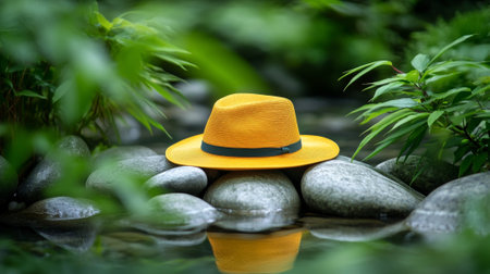 Bright yellow sun hat on smooth stones surrounded by lush greenery. concept of summer fashion, relaxation, nature harmony.の写真素材