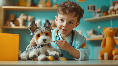 Young caucasian boy pretending to be veterinarian examining plush toy dog in playroom. concept of imaginative play, animal care, childhood curiosity.の写真素材