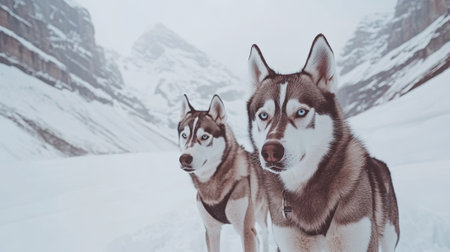 Close-up of two huskies dogs in snow-covered mountains. concept of wilderness adventure, majestic...
