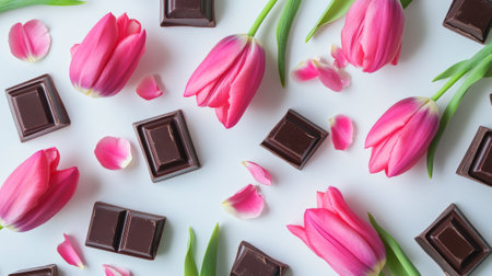 Close-up of vibrant pink tulips and mini chocolate pieces on smooth surface. concept of floral beauty, indulgence, and elegant arrangement.の写真素材