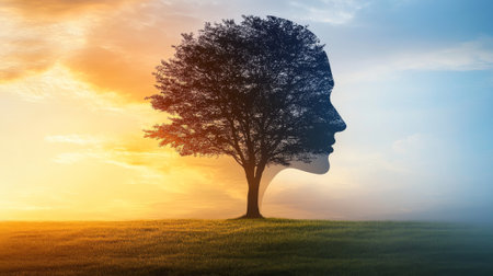 Creative concept of tree silhouette blending with human face simulating harmony with nature in sunset scene. concept of human connection, environmental awareness, imagination.の写真素材