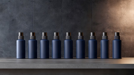 Set of dark blue cosmetic spray bottles in row on modern grey background. Concept of skincare...