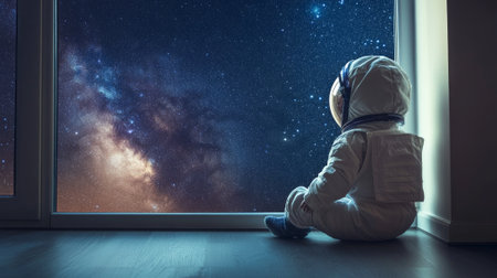 Young caucasian child dressed as astronaut gazes at starry sky from window at night. concept of childhood imagination, space dreams, exploring universe.の写真素材
