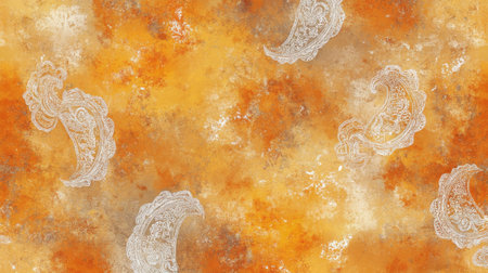 Orange watercolor paisley pattern with ornate white floral elements on grunge textured background. Concept of boho design, vintage wallpaper, traditional ethnic ornament, textile art.の写真素材