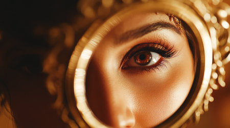 Close up of glamorous woman's eye with golden makeup seen through ornate mirror frame. Concept of beauty, feminine elegance, luxury style, makeup inspiration.の写真素材