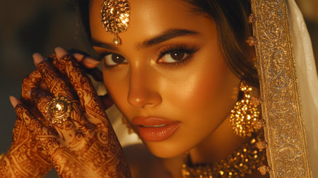 Beautiful Indian woman in traditional bridal attire with gold jewelry and mehndi on hands. Concept of wedding beauty, cultural fashion, henna art, elegant bride portrait.の写真素材