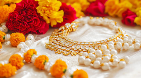 Traditional Indian gold jewelry with pearls and gemstones on silk fabric surrounded by marigold and jasmine flowers. Concept of wedding accessories.の写真素材