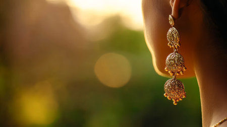 Close up of elegant Indian woman wearing traditional gold earrings with intricate design in sunset light. Concept of ethnic fashion, feminine beauty, cultural jewelry, graceful style, Copy space.の写真素材