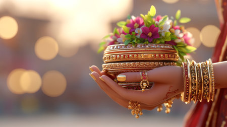 Close up of Indian woman's hands holding decorative pot with flowers, adorned with gold bangles and...