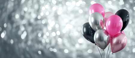 Vibrant pink, black, and silver balloons floating celebrating festive occasions. concept of joyful party decorations, cheerful celebration, birthday atmosphere, Wide banner, copy space.の写真素材