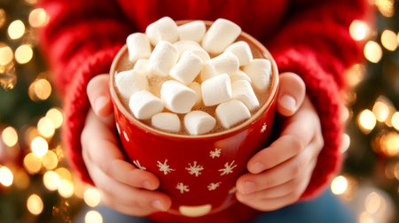 Close-up of child's hands holding festive mug of hot cocoa topped with marshmallows. concept of holiday warmth, winter comfort, christmas joy.の写真素材