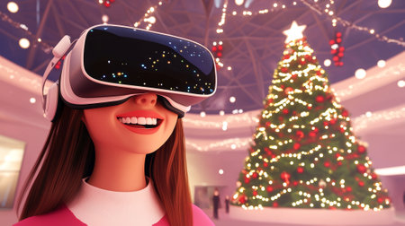 Playful caucasian woman experiencing christmas magic with vr in a festive illustration. concept of...