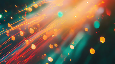 Colorful abstract background with glowing bokeh lights and motion blur in orange, teal and golden...