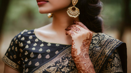 Elegant Indian woman in black and gold saree with mehndi on hand and traditional earrings. Concept of cultural fashion, feminine beauty, festive attire, Indian wedding style.のeditorial素材