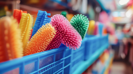 Colorful cleaning tools displayed in vibrant array in store aisle. concept of household cleaning, organization, hygiene, copy space.の写真素材
