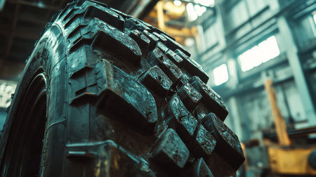 Close-up of sturdy car tire in workshop with industrial background. concept of automotive...