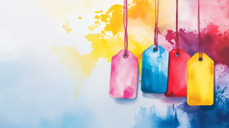 Colorful luggage tags with vivid watercolor artwork for travel enthusiasts. concept of wanderlust, artistic expression, adventure preparation, copy space.の写真素材