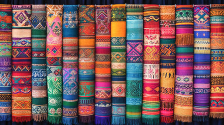 Colorful textile market display showcasing vibrant patterns and textures. concept of cultural...
