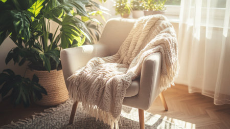 Cozy chair with blanket by sunlit window, surrounded by greenery. concept of comfort, relaxation, and warmth in home interior.の写真素材