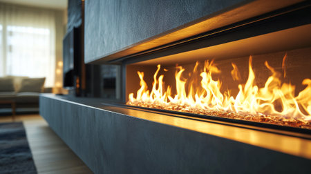 Cozy indoor fireplace with brightly burning fire in modern living room. concept of warmth, comfort,...