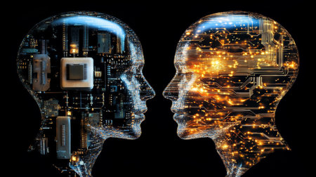Futuristic concept of digital minds, abstract heads composed of electronic circuits and neon glow....
