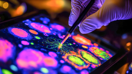Close-up of hand with stylus creating vibrant digital science art. concept of technology, creativity, innovation in digital design.の写真素材