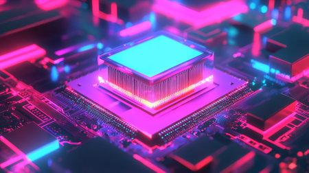Futuristic close-up of glowing circuitry in neon colors, highlighting modern digital technology concepts of innovation, tech advancement, and cyber aesthetics.の写真素材