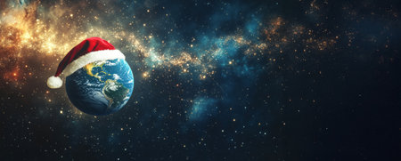 Planet Earth wearing santa hat in starry space background. concept of Christmas holiday spirit, festive celebration, global celebration, Wide banner, copy space.の写真素材
