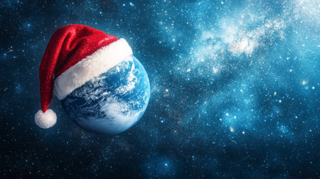 Planet earth wearing a santa hat in starry space background. concept of holiday cheer, creative festive design, christmas spirit, global celebration, copy space.の写真素材