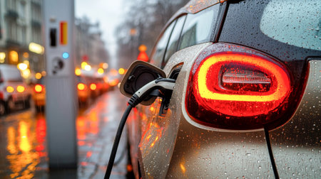 Sleek electric car at urban charging station during rainy dusk. concept of sustainable transportation, future mobility, eco-friendly innovation.の写真素材