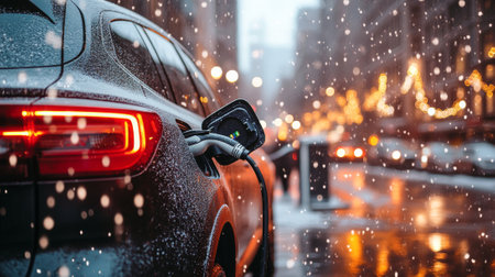 Black electric car charging in snowy urban setting. concept of eco-friendly transportation, winter city life, sustainable energy.の写真素材