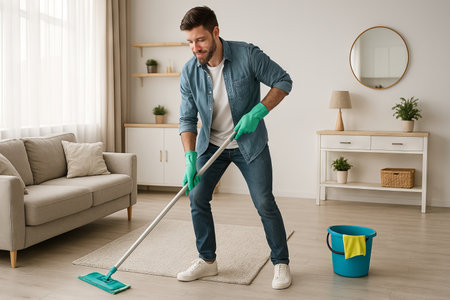 Young caucasian man cleaning living room floor with mop and gloves. concept of housekeeping, cleanliness, home maintenance, daily chores, hygienic living.の写真素材