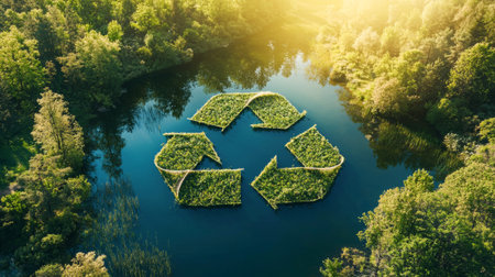 Aerial view of lake formed as recycling symbol amidst lush forest. concept of environmental awareness, nature conservation, sustainable living.の写真素材